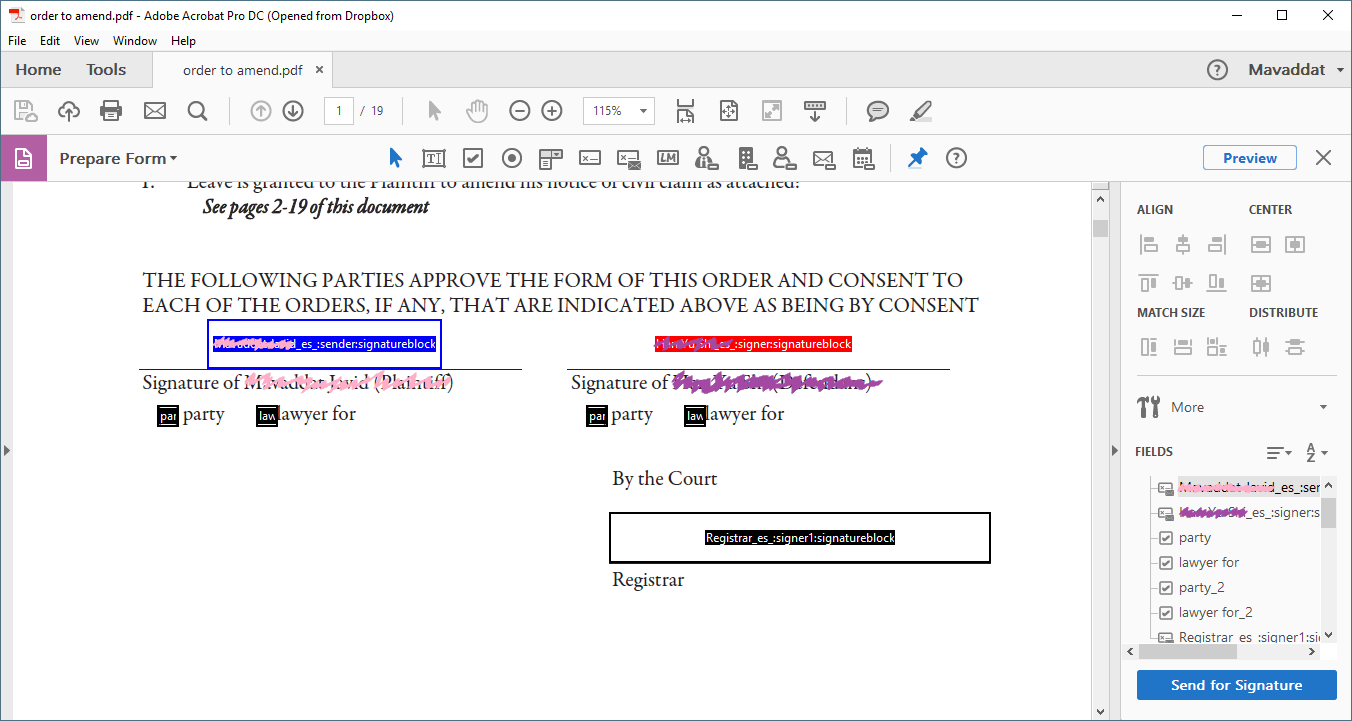 Figure 1: Prior to being sent, the document with signature blocks prepared using the Adobe Acrobat Pro "Prepare Form" tool