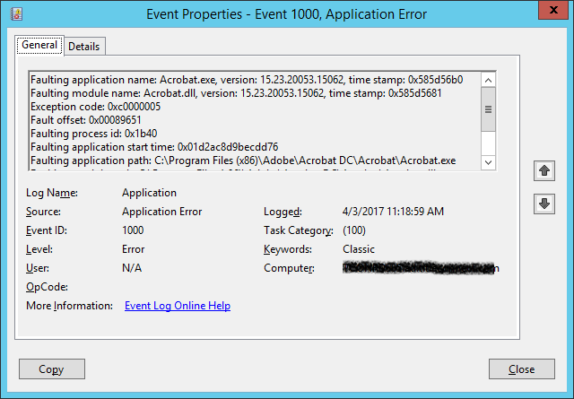 event id 1000 server 2012