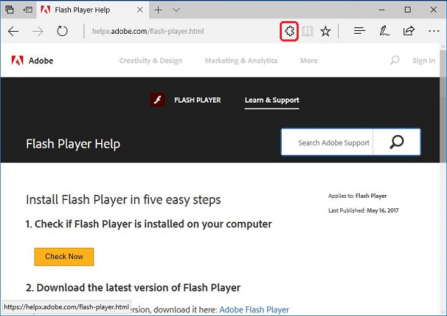 latest adobe flash player help page