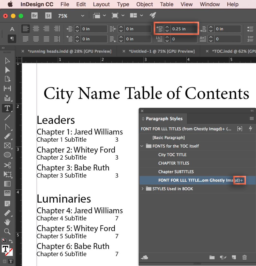 table of contents template indesign