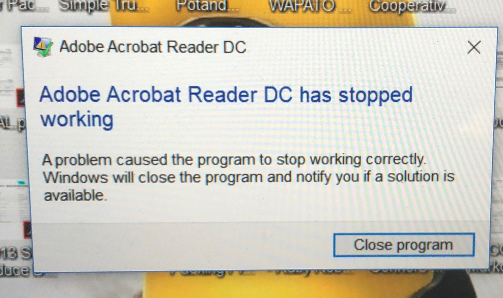 adobe acrobat dc has stopped working windows 10