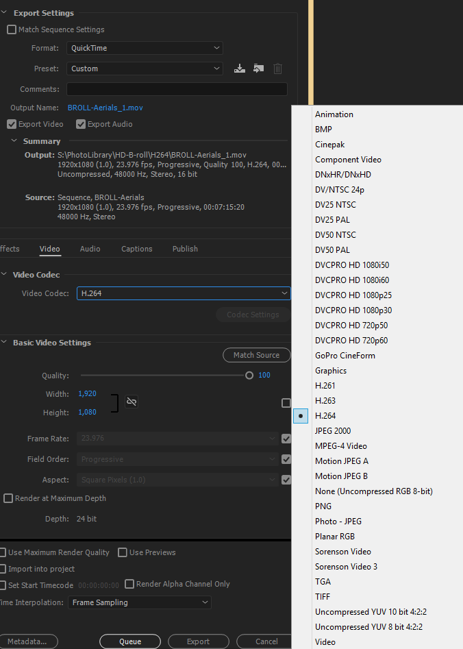 premiere pro video codec