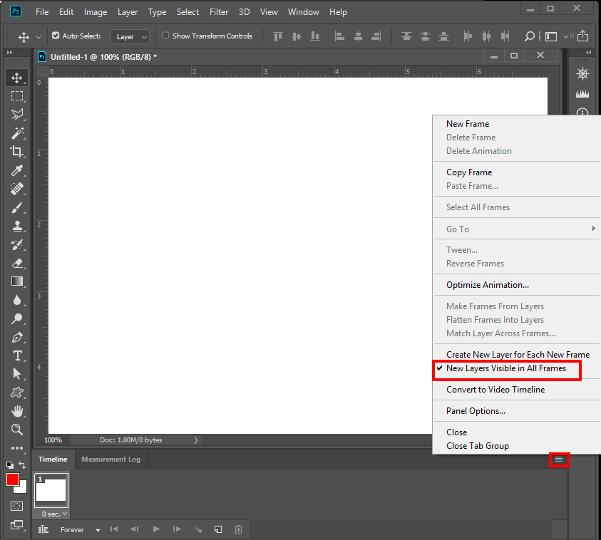 go back to frame view photoshop timeline