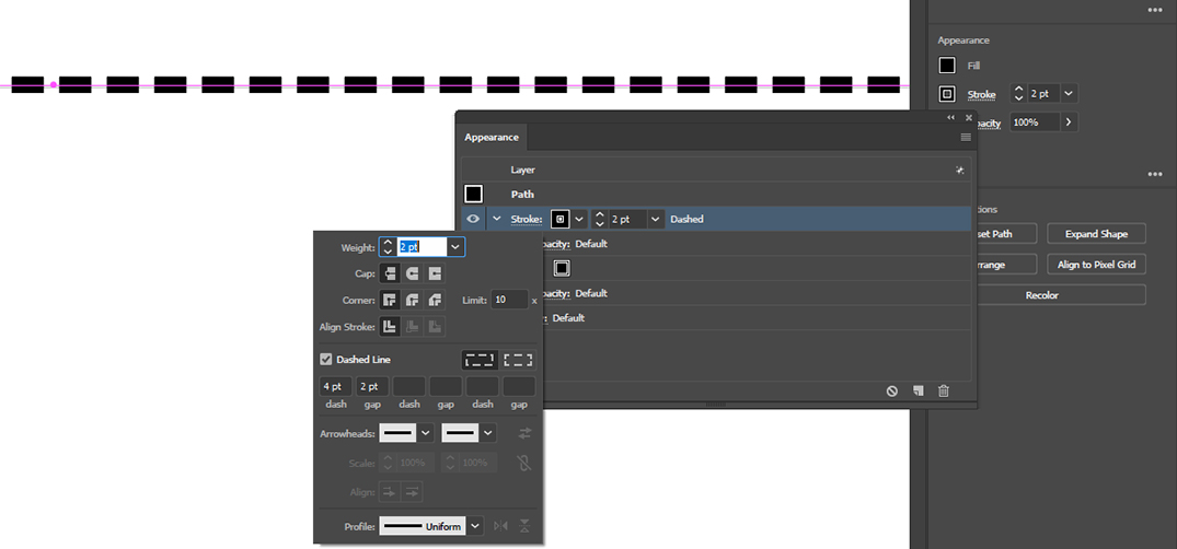 Solved Illustrator Dashed Line Has Light Solid Grey Line Adobe Support Community