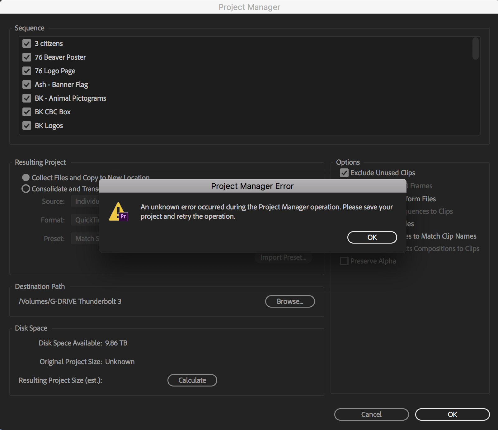 adobe premiere project manager unknown error 0xe8000065