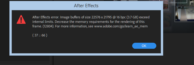 invalid image buffer size error after effects