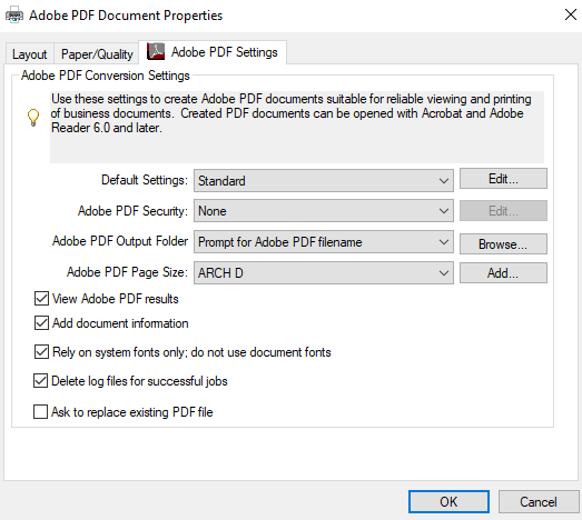 adobe pdf printer driver arch paper sizes