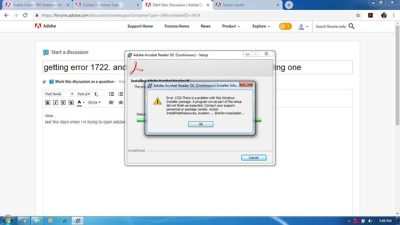 Ошибка 1722 при установке acrobat reader как исправить