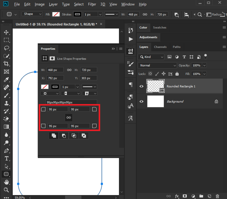 in cs3 photoshop how do i adjust the corners on a curved rectangle