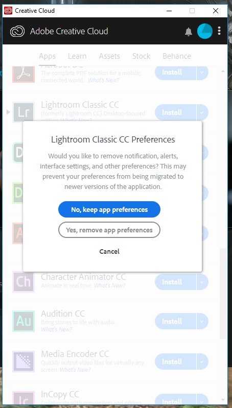 Lightroom Preferences notification popping - Adobe Support 10321301