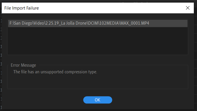 Сбой импорта. Unsupported Video Driver Premiere Pro 2020. The file has an unsupported Compression Type что делать. Error Massap the file has an unsupported Compression Type..