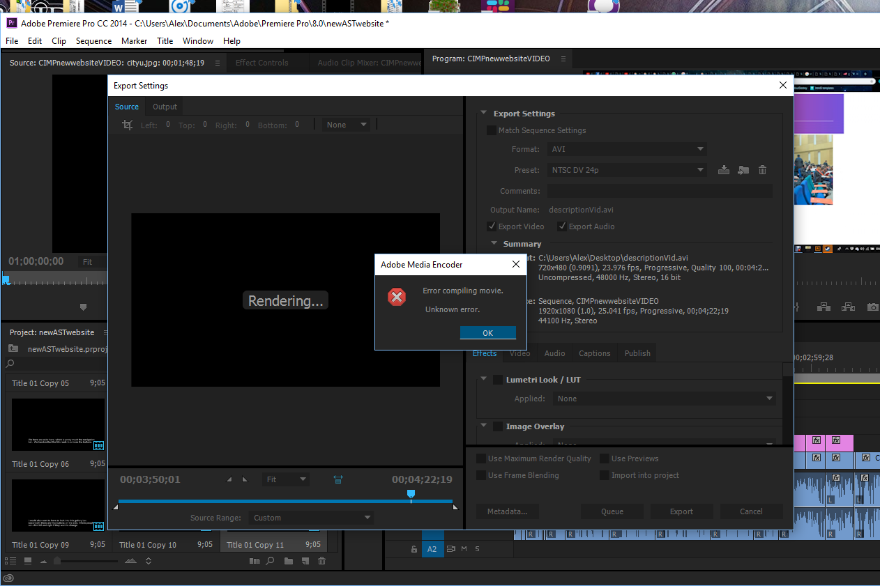 adobe premiere pro error compiling movie unknown error