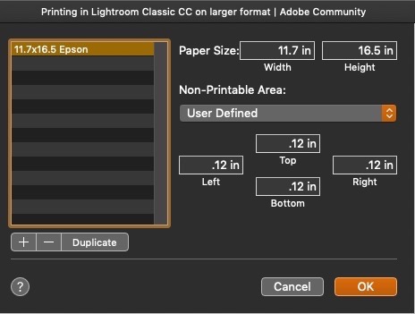Setting up a custom user defined paper size for Epson with Lightroom Windows