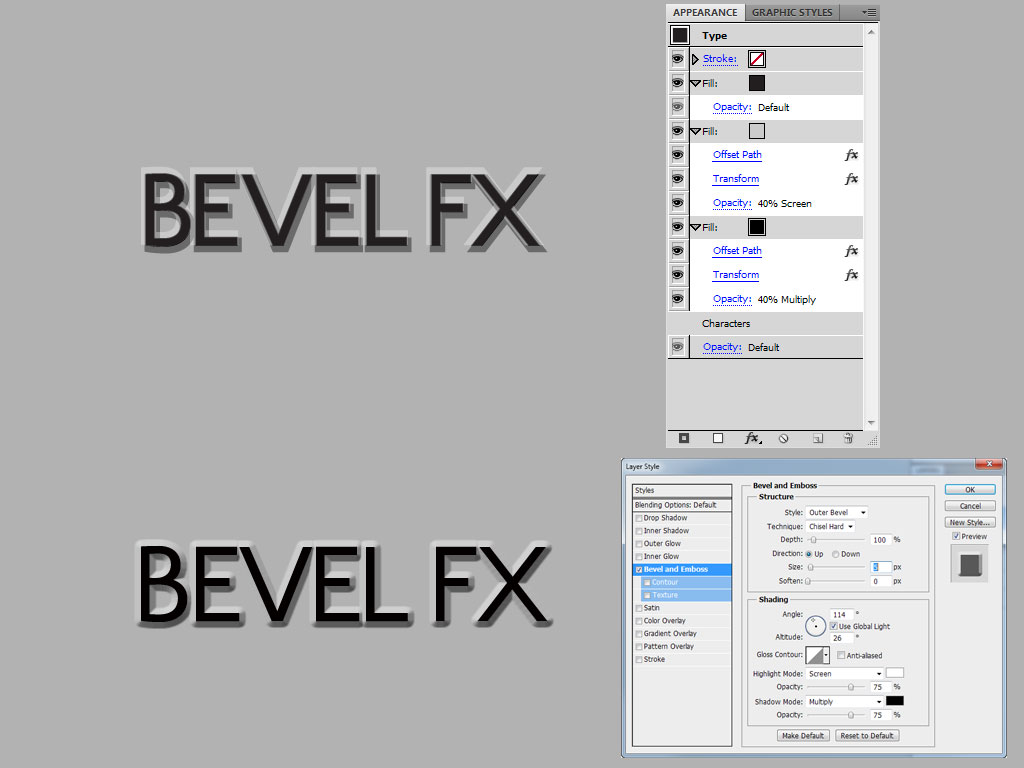 How can I get the Bevel & Emboss effect for text in Illustrator?