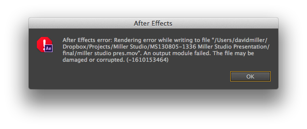 After Effects unable to render error 1610153464 Adobe