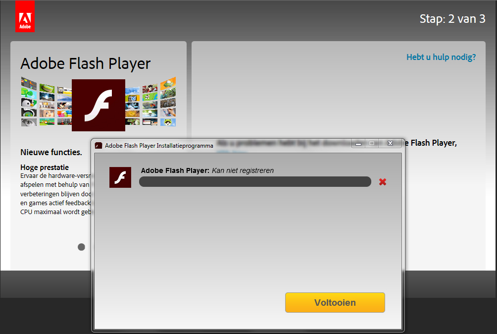 adobe flash player failed to register windows 7