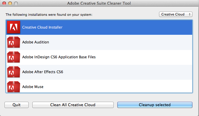 adobe cc cleaner tool nothing shows up