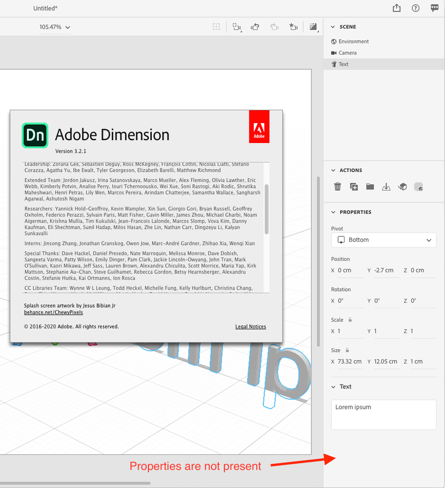 3D text properties are missing from the panel