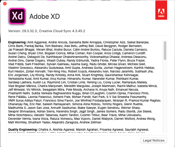 Screenshot of Adobe XD About page