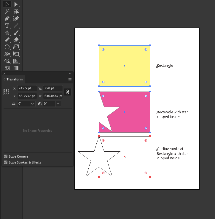 in this image, the yellow box is a plain rectangle 250pt wide. the pink box is a clipping mask 250pt wide with a star inside that is clipped by the mask. The bottom is a duplicate of the clipping mask shown in "outline mode".
