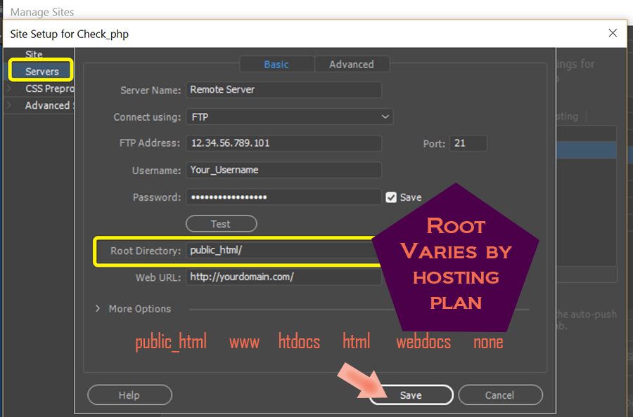 Site > Manage Sites > Servers