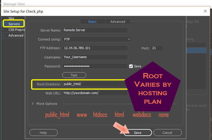 Site > Manage Sites > Servers