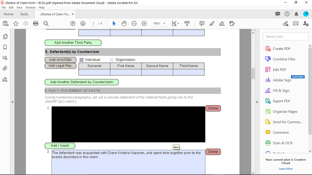 Solved: Fillable Form. Active Field Is Filled With Black. ... - Adobe ...