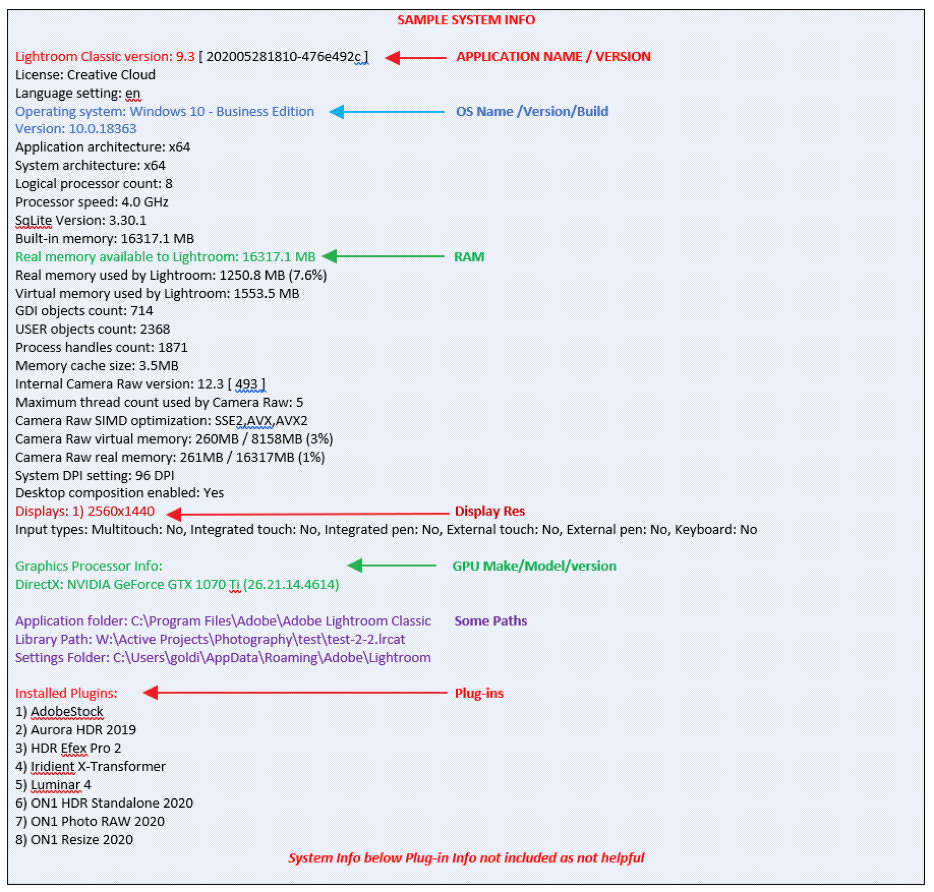 Example of System Info (truncated)