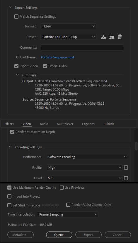 Premiere Encoding Settings