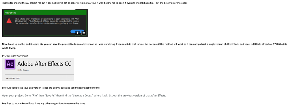 Email containing  : AE version that file needs to be readable for & error message sent when opening newer file is attempted.