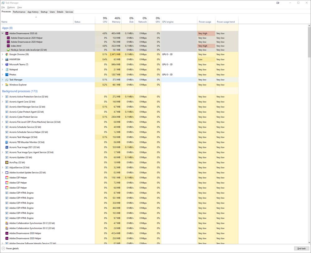 Details of resources used by Dreamweaver after typing 3 characters of code