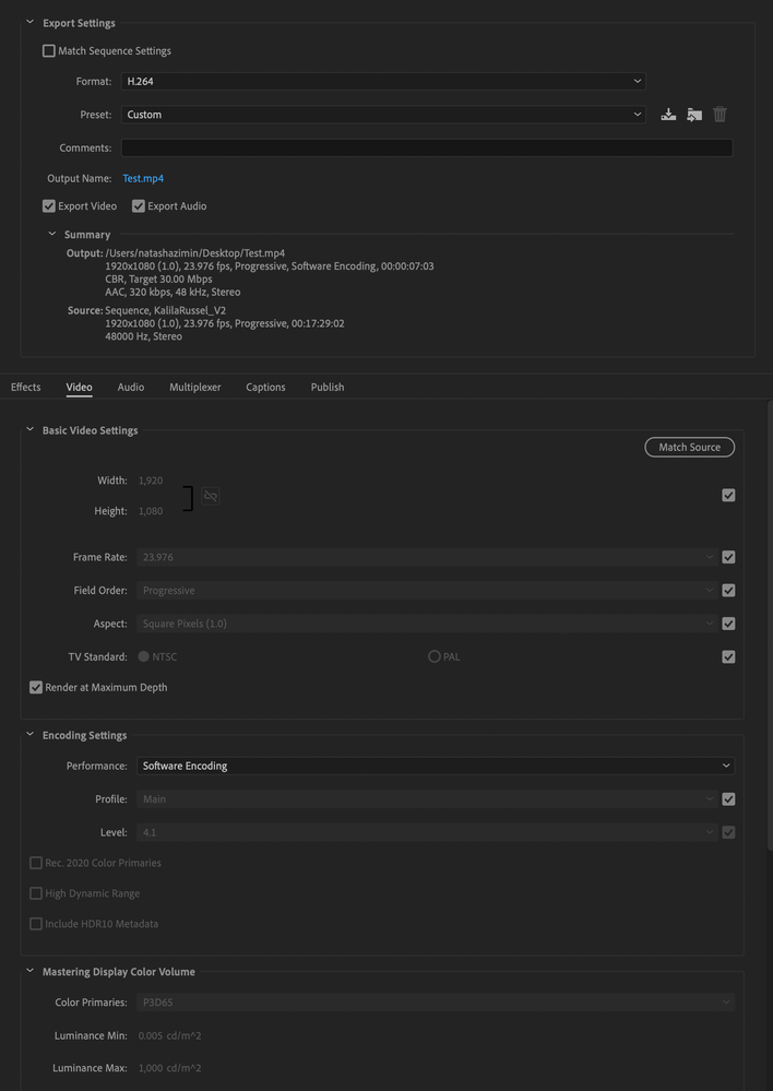 H264 Export Settings 1 of 2