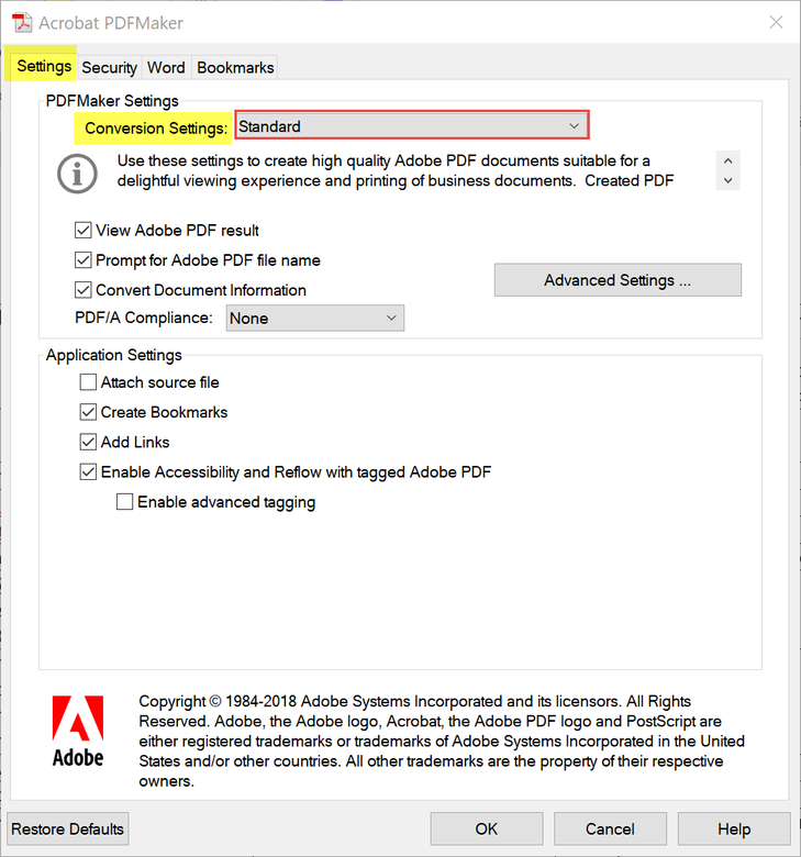 Export Preferences for Accessible tagged PDF from MS Word / Windows.