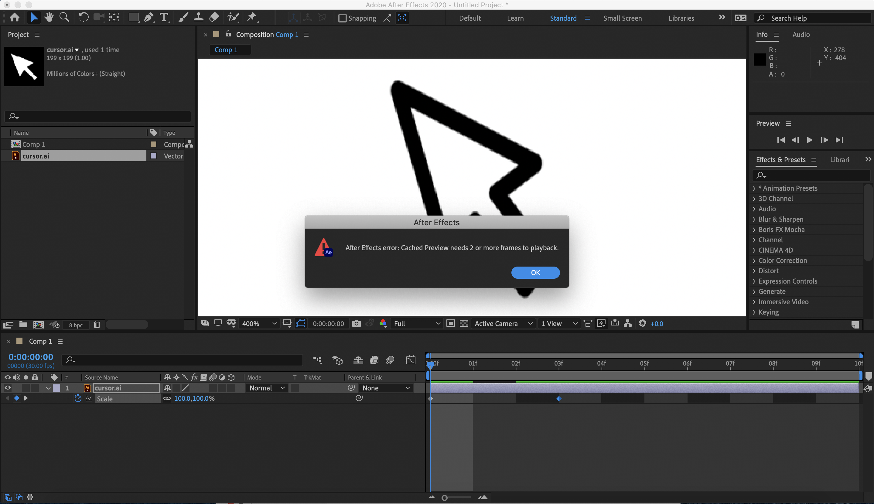 After effects error cached preview needs 2 or more frames to playback как исправить