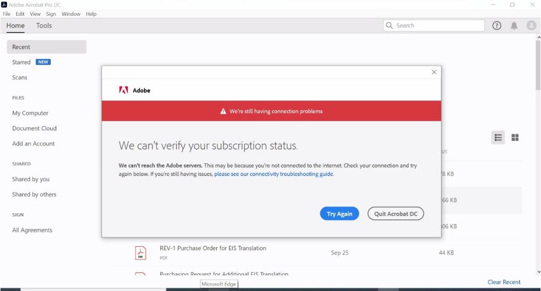 "We Can't Verify Your Subscription Status" Pop Up ... - Adobe Community ...