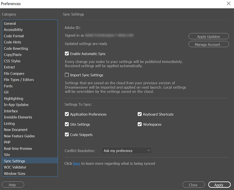 Change to Import Sync Settings