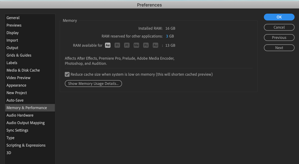 Ae memory prefs setting