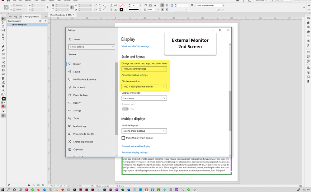 External monitor at recommended settings: 1920 x 1200 and 100% scaling.