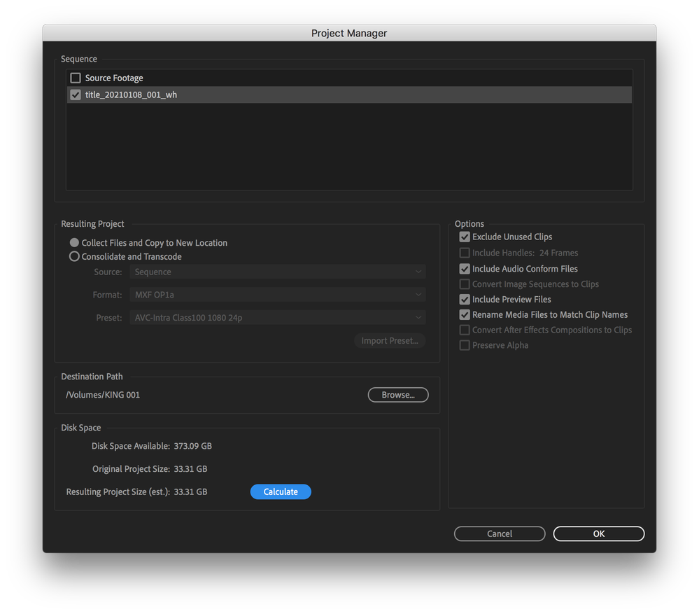 Premiere Pro Project Manager dialog box (File > Project Manager...)
