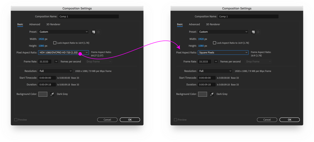 AE > Composition Settings > Pixel Aspect Ratio > HDV 1080 to Square Pixels