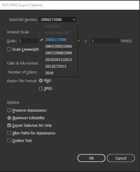 Why can I not export to autocad version R13 LT95 a Adobe