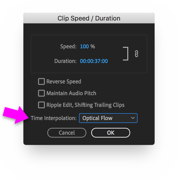 Clip Speed/Duration dialog box with Time Interpolation set to Optical Flow