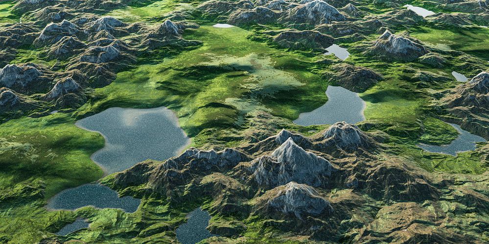 Unknown landscape of the highlands, flying over green meadows and hills of another world. 3D render.jpg