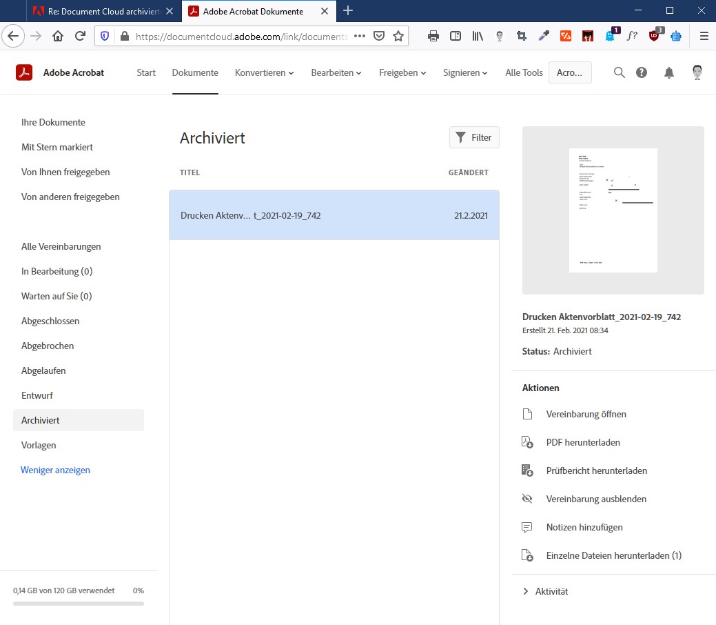 Document Cloud archivierte Vereinbarungen Löschen - Adobe Support Community - 11822383