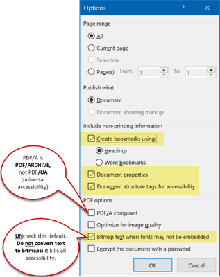 Settings to EXPORT from Word using Microsoft's File / Save As / PDF conversion utility..