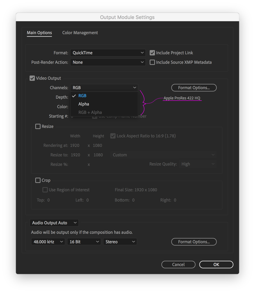 RGB+Alpha not available because Apple ProRes422 HQ is selected as the Video Codec under the Format Options.