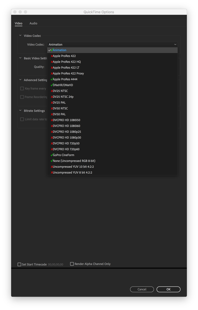 Video Codecs that support RGB+Alpha are shown with a green checkmark.