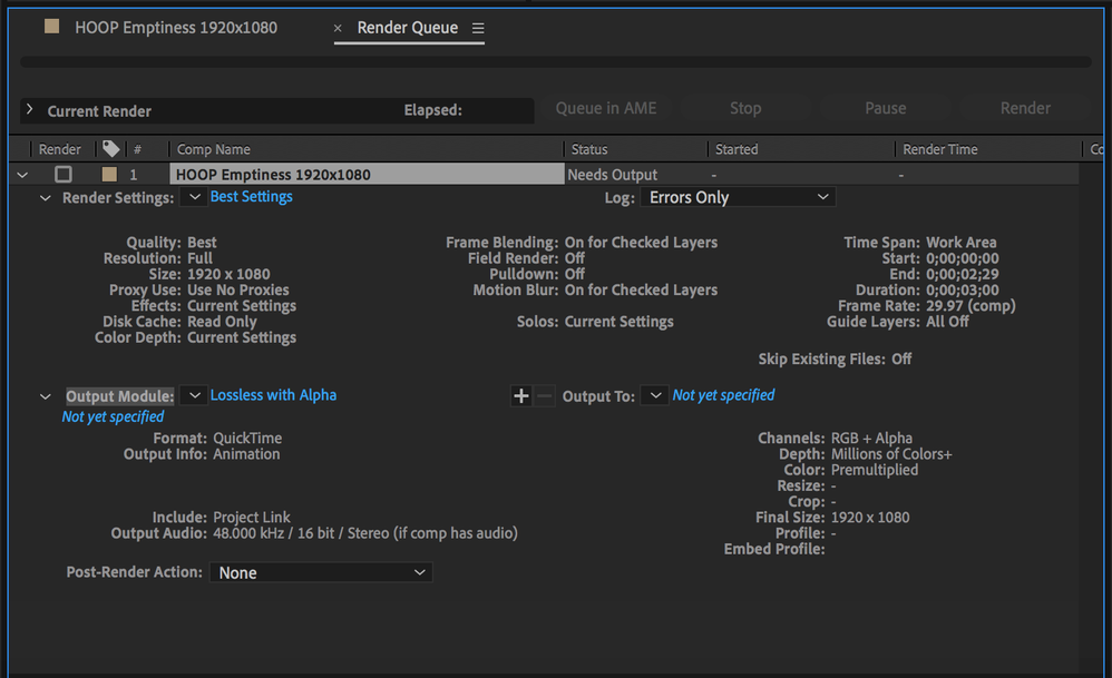 AE Render Queue item with Render Settings and Output Module Settings expanded