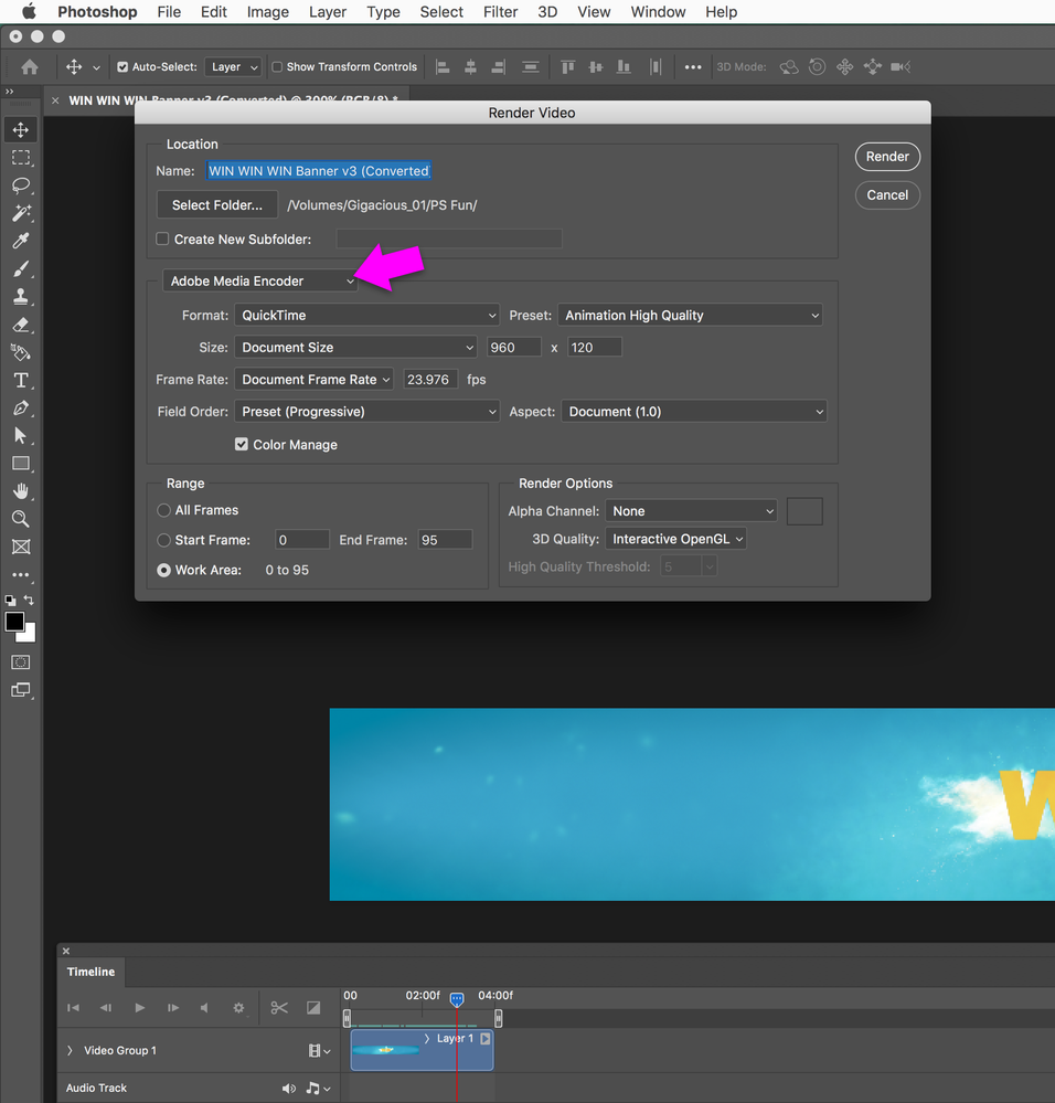 Photoshop Render Video dialog box set to Adobe Media Encoder