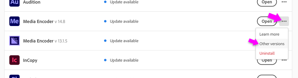 Creative Cloud Desktop > Media Encoder > Older Versions